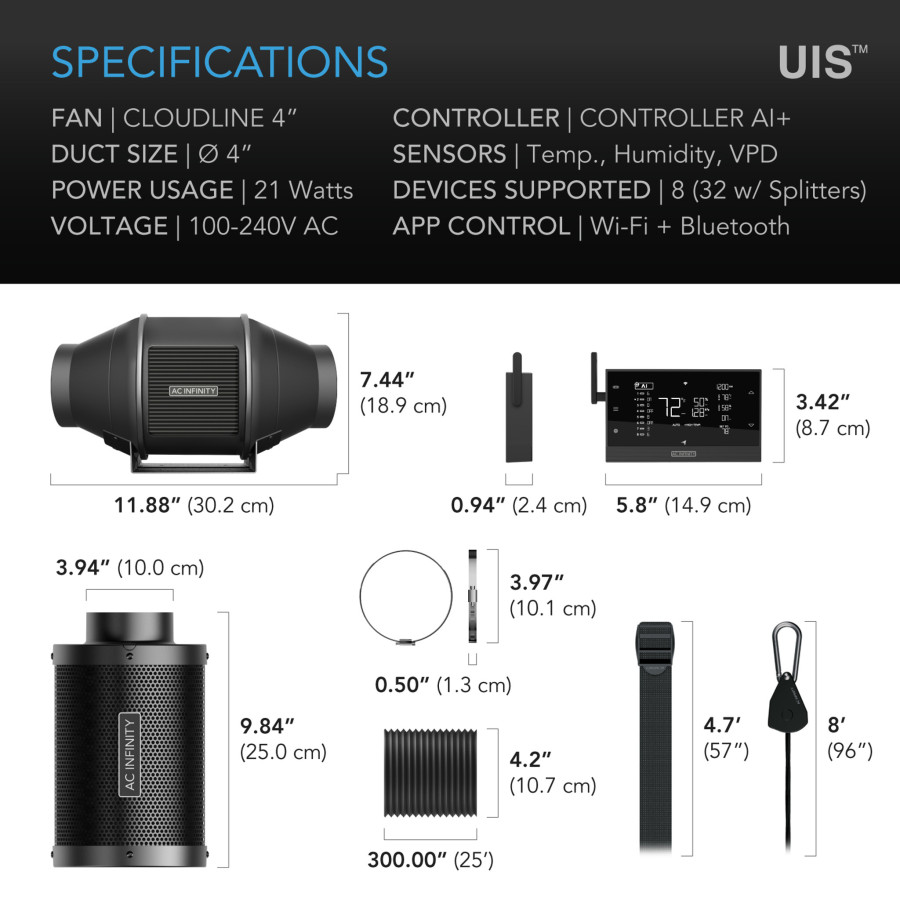 PRO 100mm Filtration Kit - Extractor Fan with Smart Controller & Carbon Filter - AC-FKT4 - AC Infinity