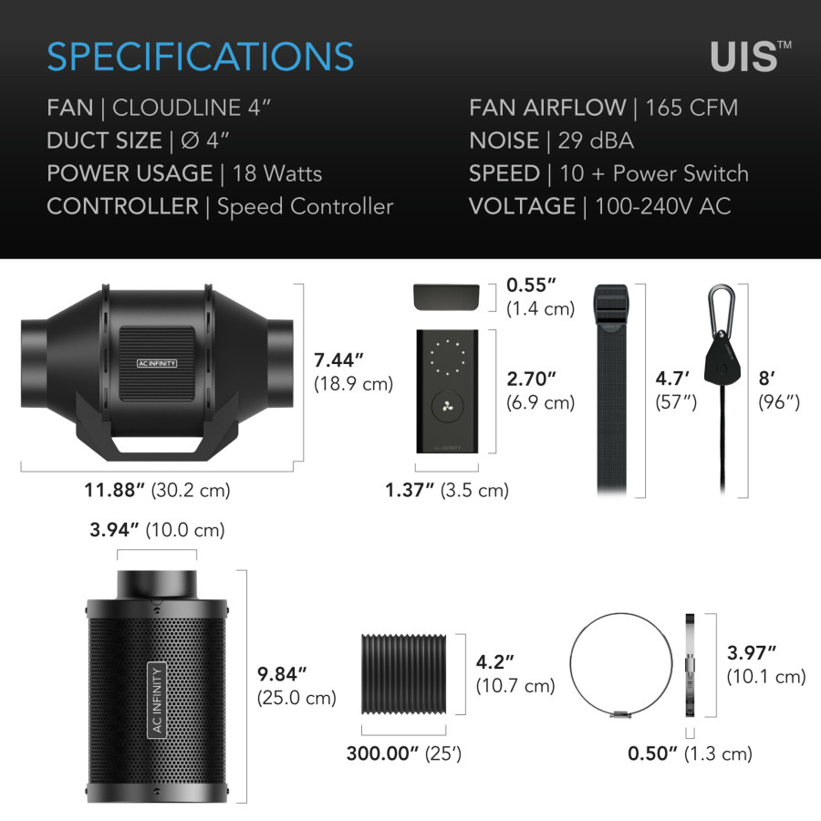 100mm Filter Kit with Silent Air Extractor, Carbon Filter and Duct - AC-FKS4 - AC INFINITY