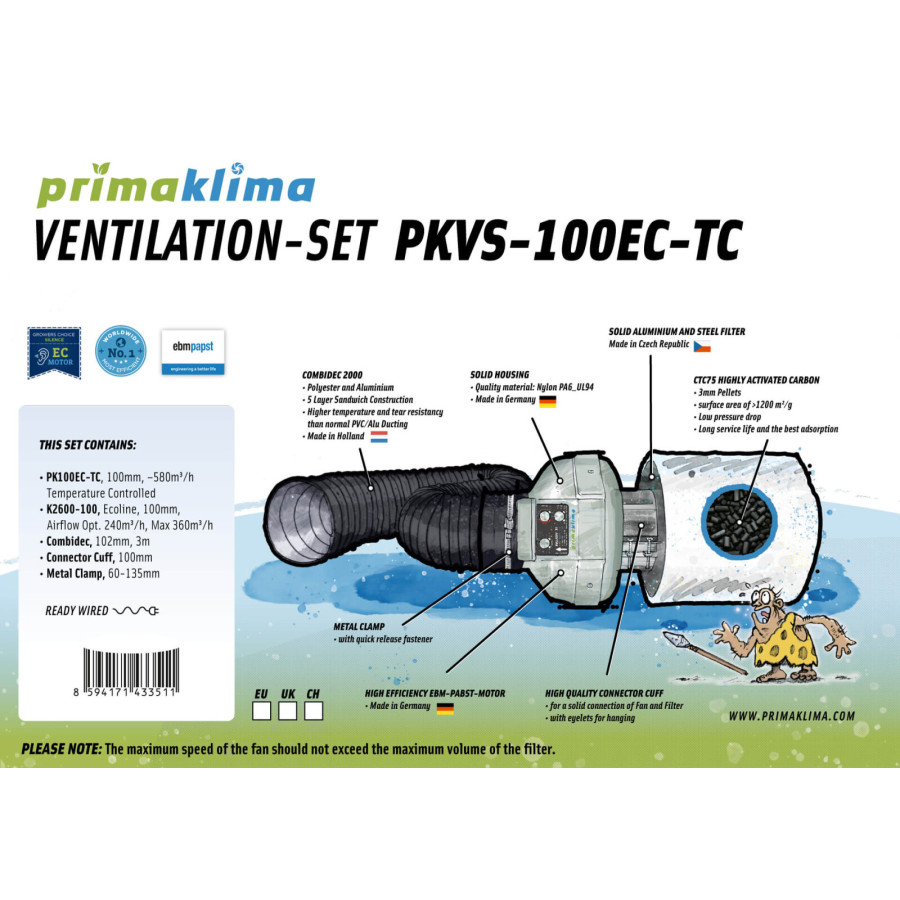 Prima Klima Extractor Kit Ø100mm – 580m³/h + Temperature Controller (Ref. PKVS-100-ECTC)