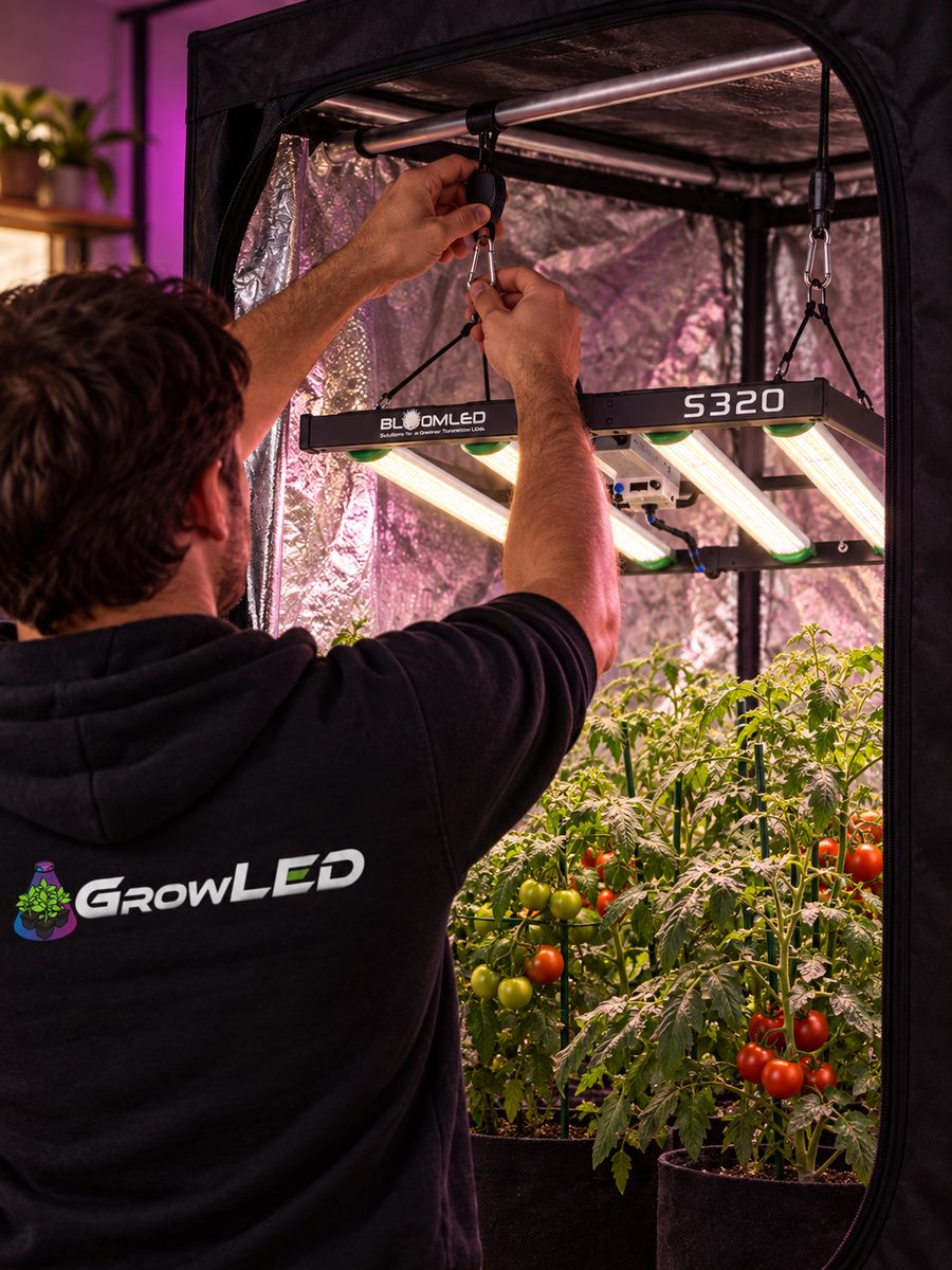Person in a GrowLED hoodie installing a SpectraWILD S320 above large tomato plants.