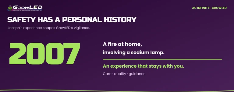 Typography recalling Joseph’s house fire in 2007 and the importance of safety at GrowLED.