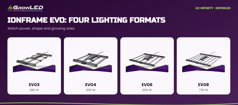 The four IONFRAME lights: EVO3 280 W, EVO4 300 W, EVO6 500 W and EVO8 730 W.