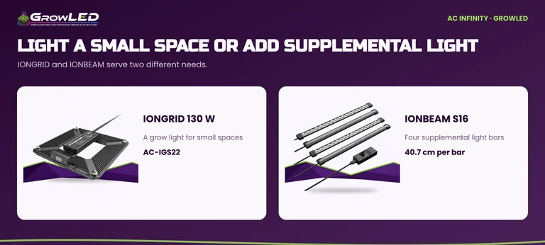 IONGRID 130 W grow light and four IONBEAM S16 bars, showing their different uses.