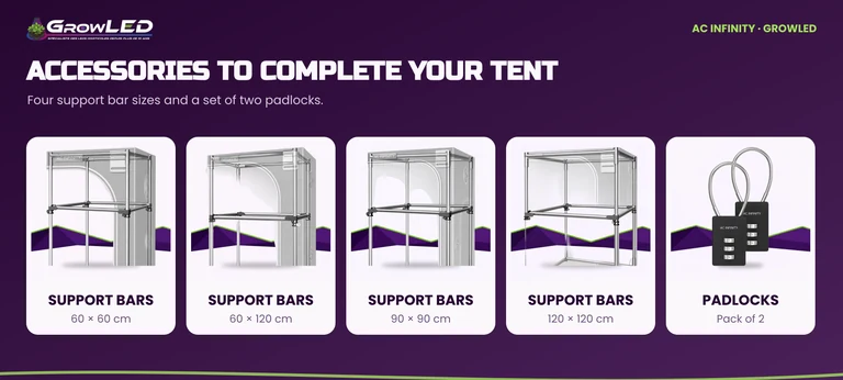 The four sizes of AC Infinity support bars and combination padlocks.