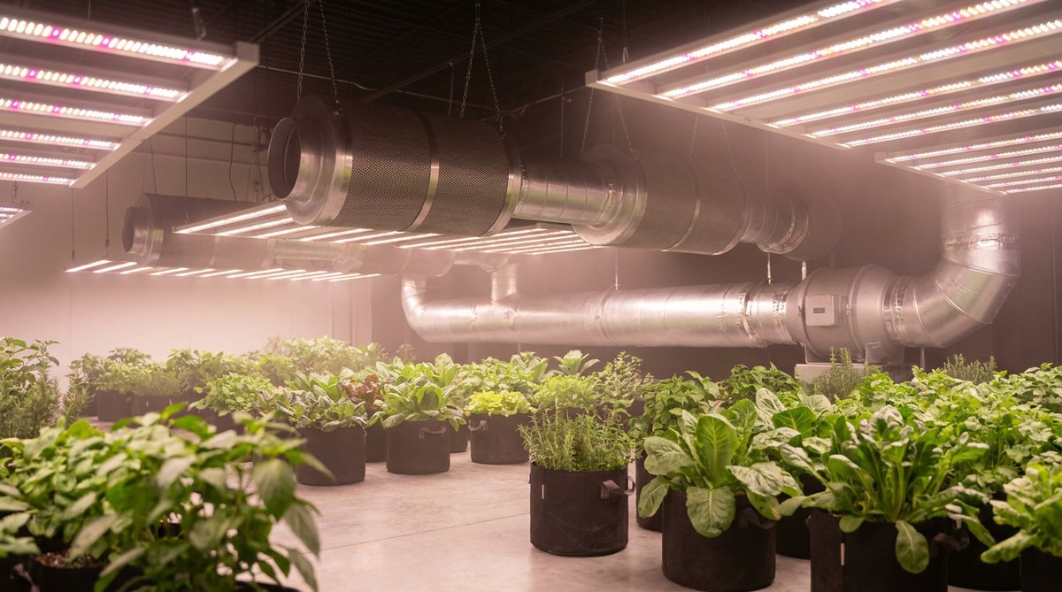 Grow room with extractor, aluminium ducting and LED horticultural lighting